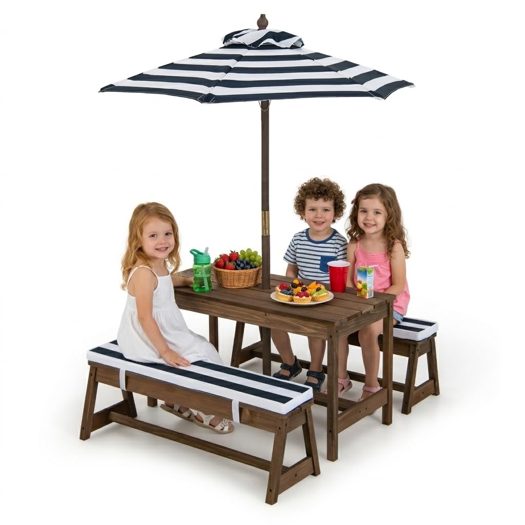 Kids Outdoor Table And Chairs With Umbrella - Height Adjustable Wooden Kids Picnic Table
