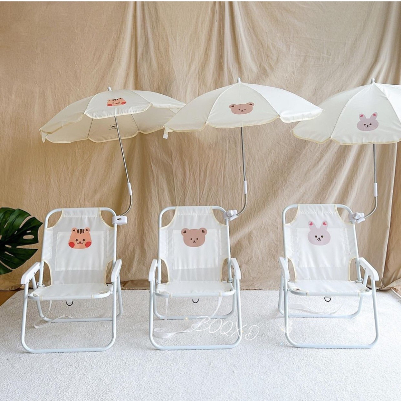 Kids Outdoor Lounge Chair With Umbrella - Teddy Bear Pattern Kids Lounge Chair