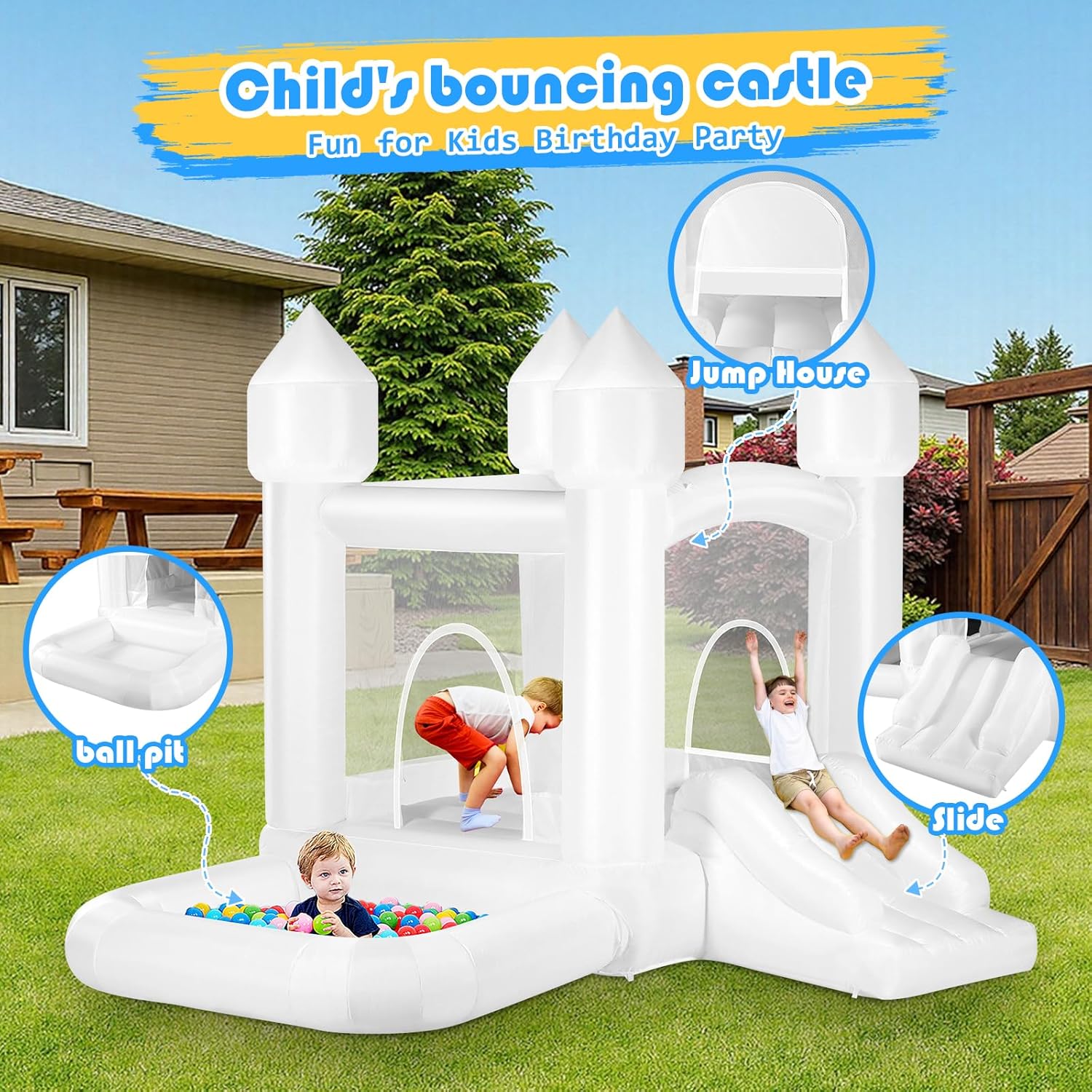 Kids White Bounce House with B - مراجعة Kids Outdoor Gifts وسعره