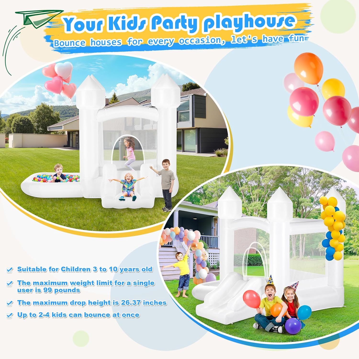 Kids White Bounce House with B - مراجعة Kids Outdoor Gifts وسعره