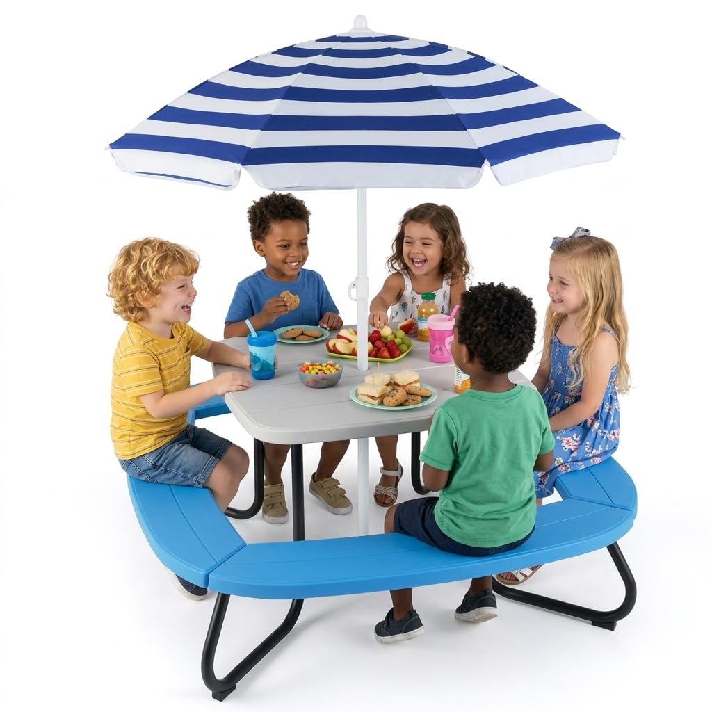 Kids Picnic Table, 8 Person Ki - مراجعة Kids Outdoor Table And Chairs With Umbrella وسعره