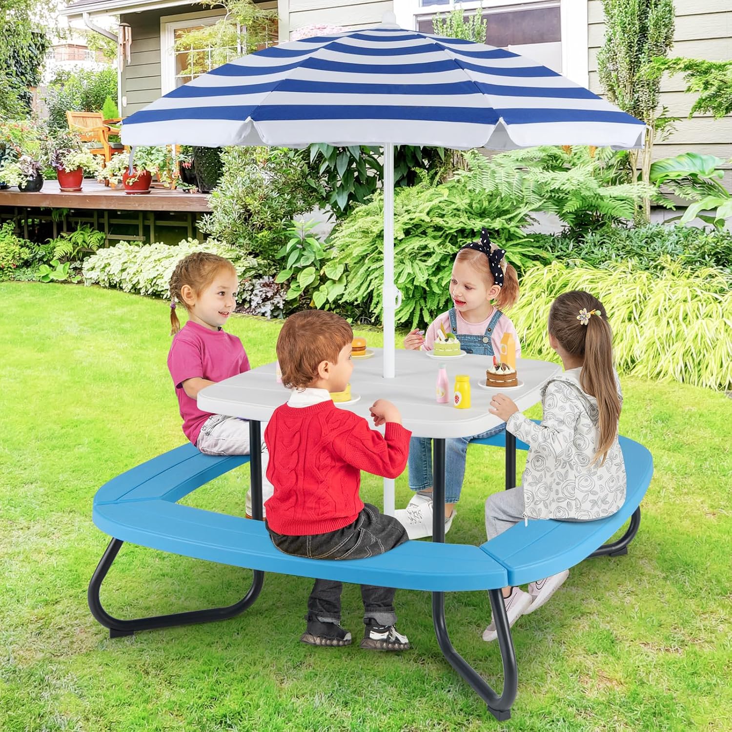 Kids Picnic Table, 8 Person Ki - مراجعة Kids Outdoor Table And Chairs With Umbrella وسعره