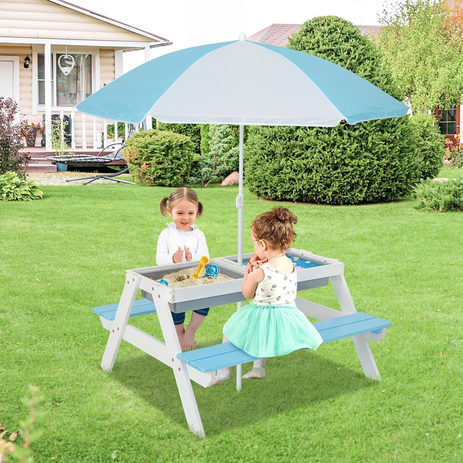 Kids Picnic Table, 4 in 1 Outd - مراجعة Kids Outdoor Table And Chairs With Umbrella وسعره