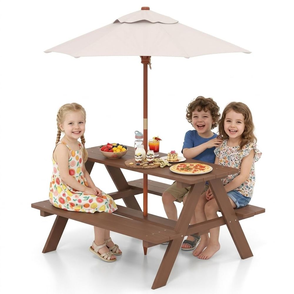 Kids Picnic Table, Fir Wood Ki - مراجعة Kids Outdoor Table And Chairs With Umbrella وسعره