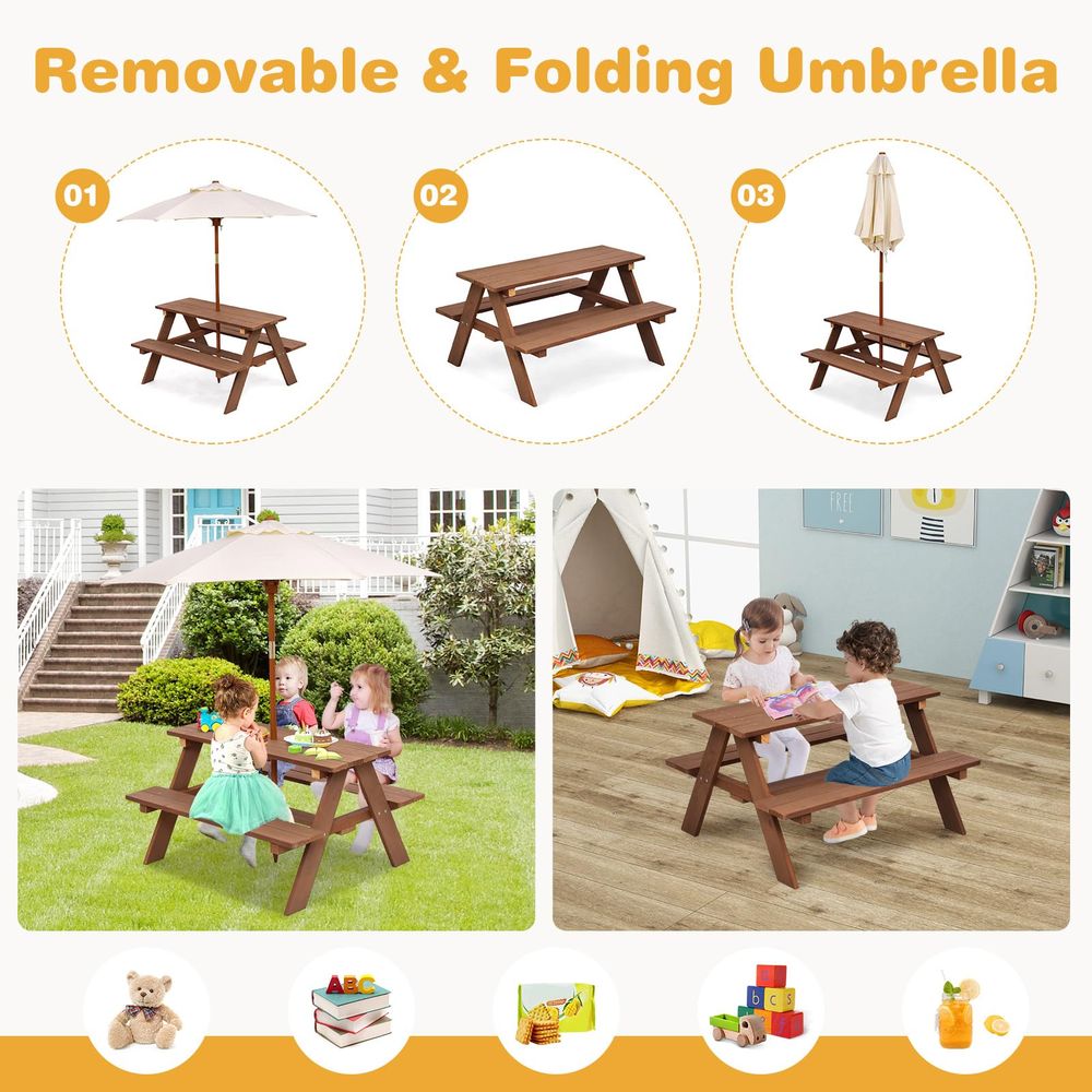 Kids Picnic Table, Fir Wood Ki - مراجعة Kids Outdoor Table And Chairs With Umbrella وسعره