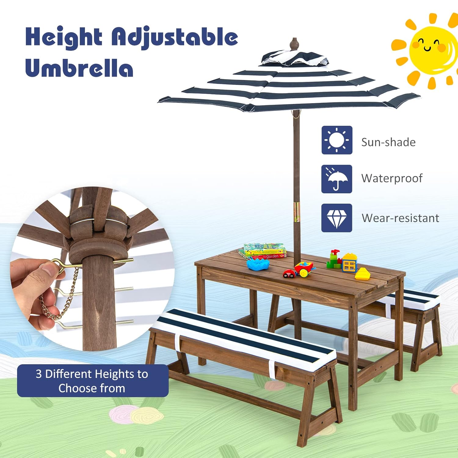 Height Adjustable Wooden Kids  - مراجعة Kids Outdoor Table And Chairs With Umbrella وسعره
