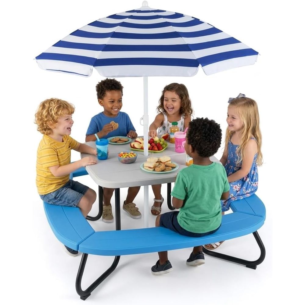Kids Picnic Table, 8 Person Ki - مراجعة Kids Outdoor Table And Chairs With Umbrella وسعره
