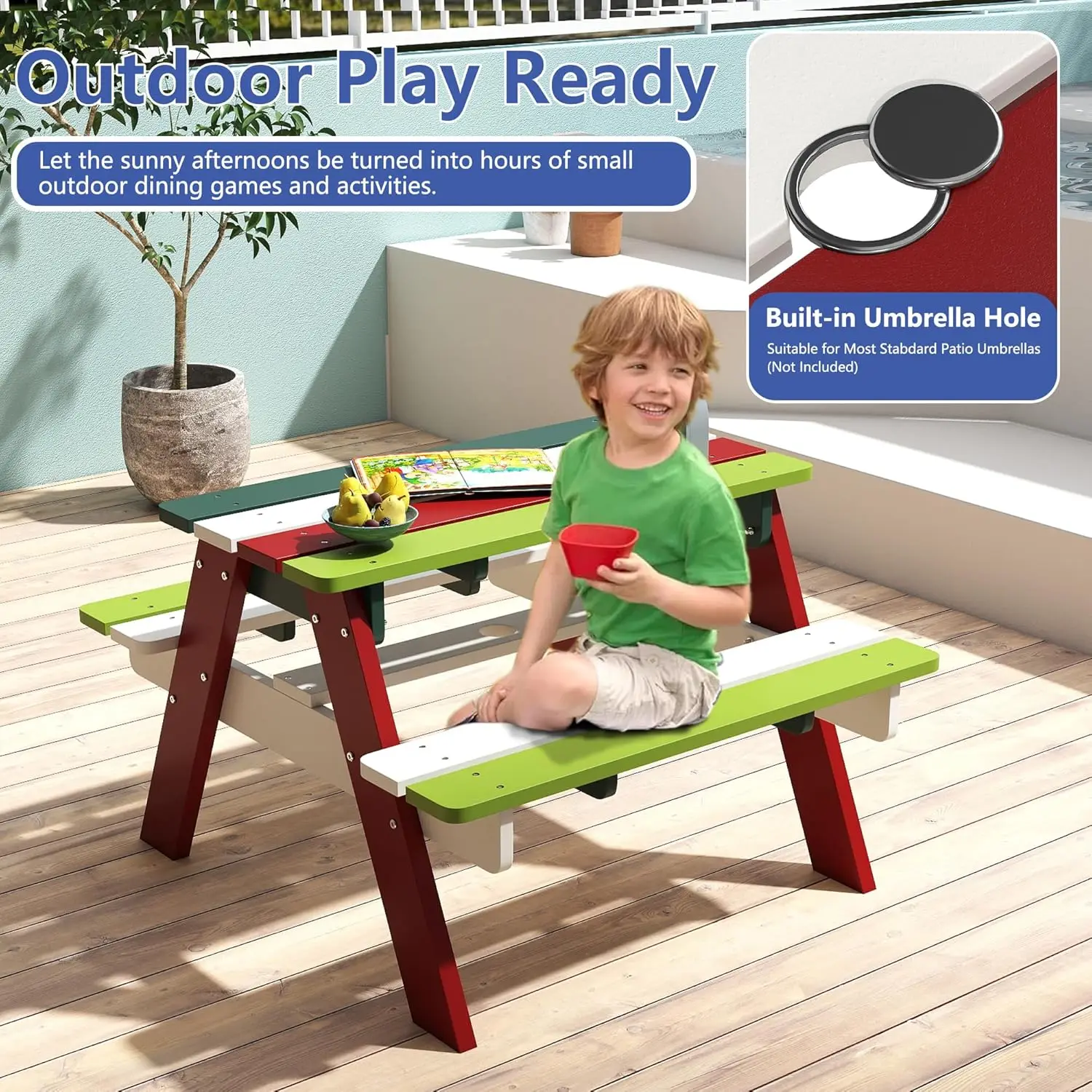 Kids Picnic Table, HDPE All We - مراجعة Kids Outdoor Table And Chairs With Umbrella وسعره