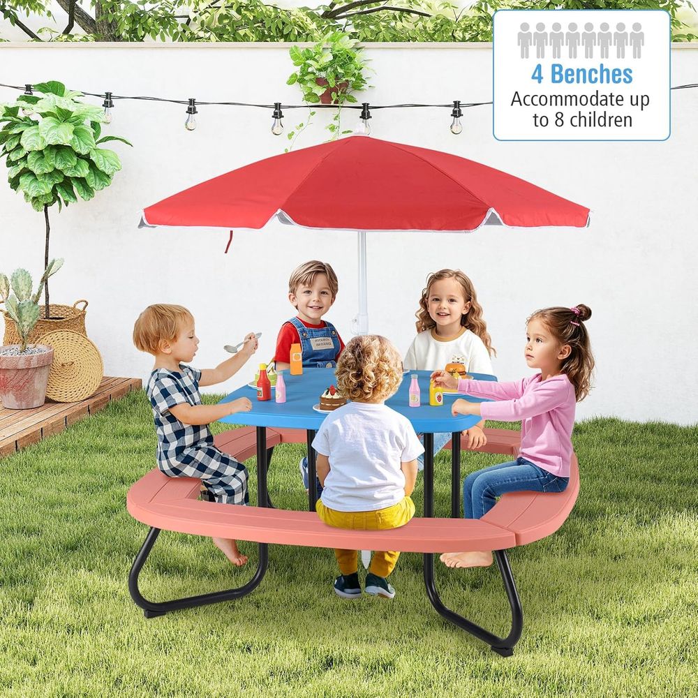 Kids Picnic Table, 8 Person To - مراجعة Kids Outdoor Table And Chairs With Umbrella وسعره