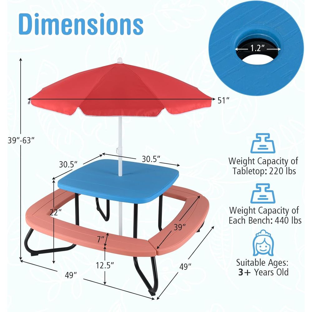 Kids Picnic Table, 8 Person To - مراجعة Kids Outdoor Table And Chairs With Umbrella وسعره